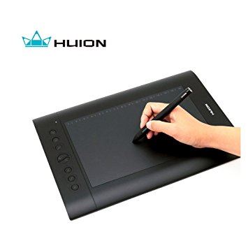 A hand holding a pen and drawing on the tablet shaped device.