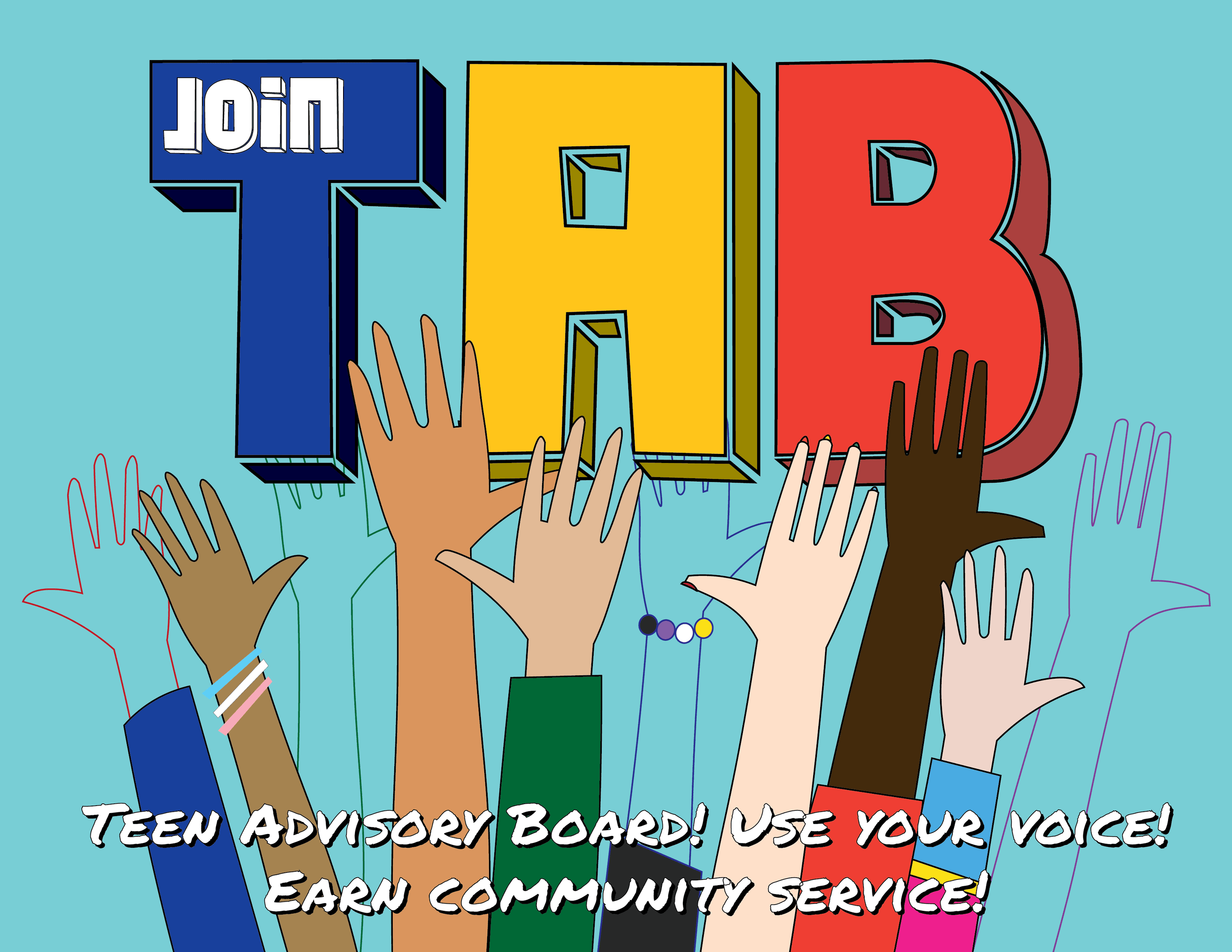 Teen Advisory Board text surrounded by raised hands