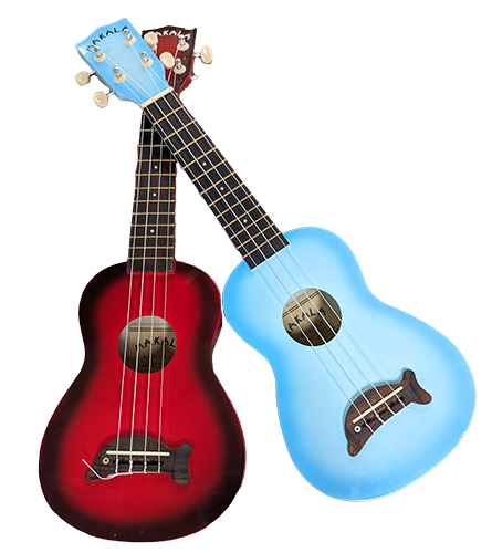 A photo of two small ukuleles. Their necks are crossing each other in the picture.