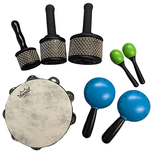 A photo of a collection of wooden and plastic shaking instruments