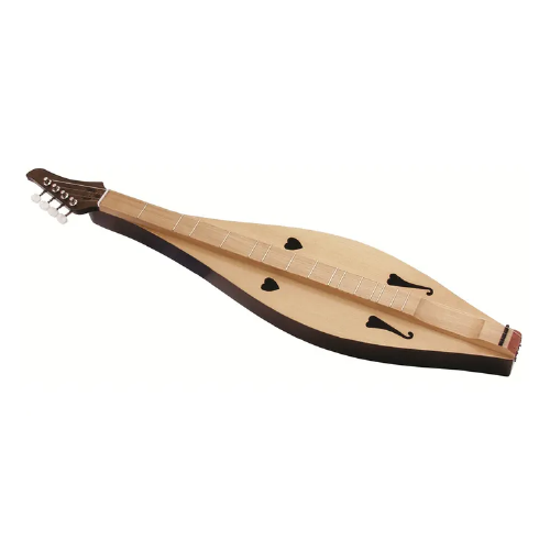 A photo of a 4 stringed wooden instrument. Approximately two feet long and 6 inches wide.