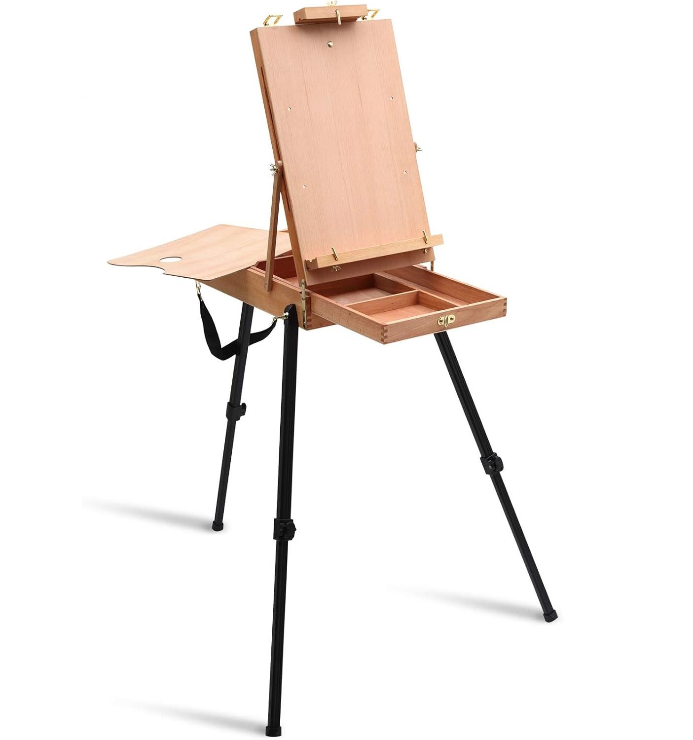 A photo of a vertical wooden surface held up by aluminum tripod legs. 